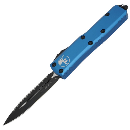 Microtech UTX-85 Double Edge, Blue Aluminum / Black M390, Fully Serrated - 232-3BL