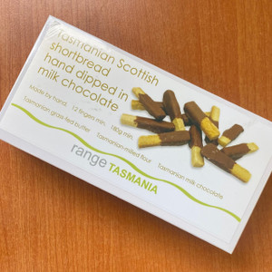 Tasmania Scottish Shortbread hand dipped in milk chocolate 180g Tasmania Scottish Shortbread hand dipped in milk chocolate 180g