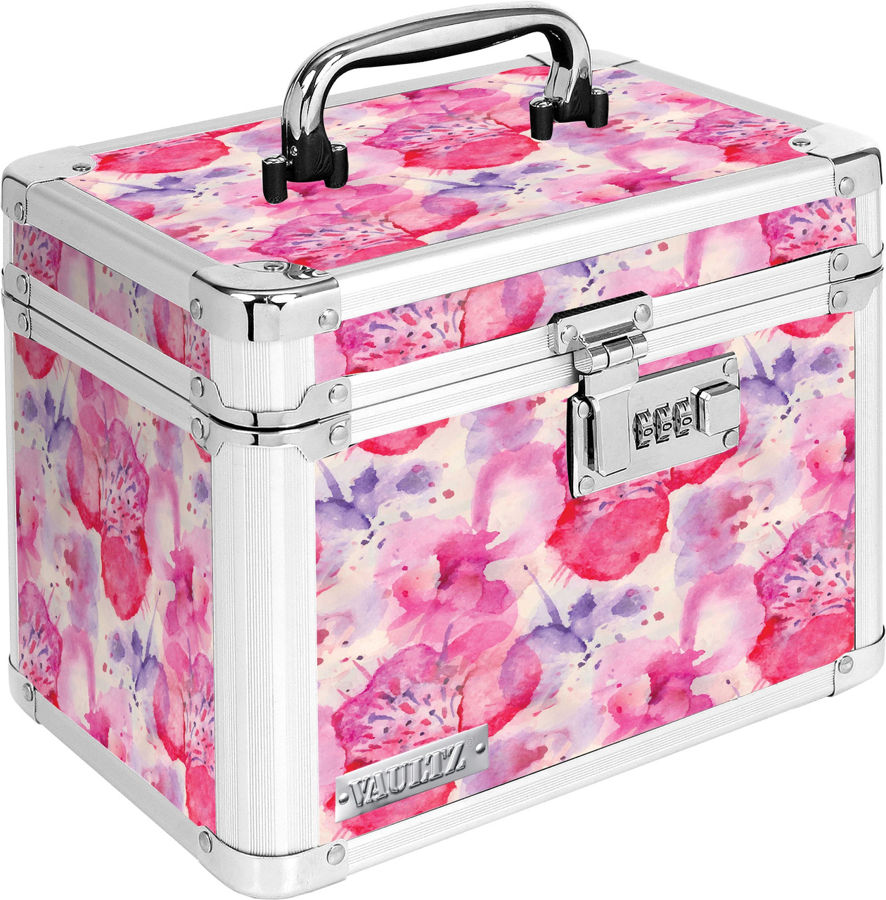 Vaultz Locking Small Travel Jewelry Case, Hard-Sided Organizer, Pink Floral  - VZ03800