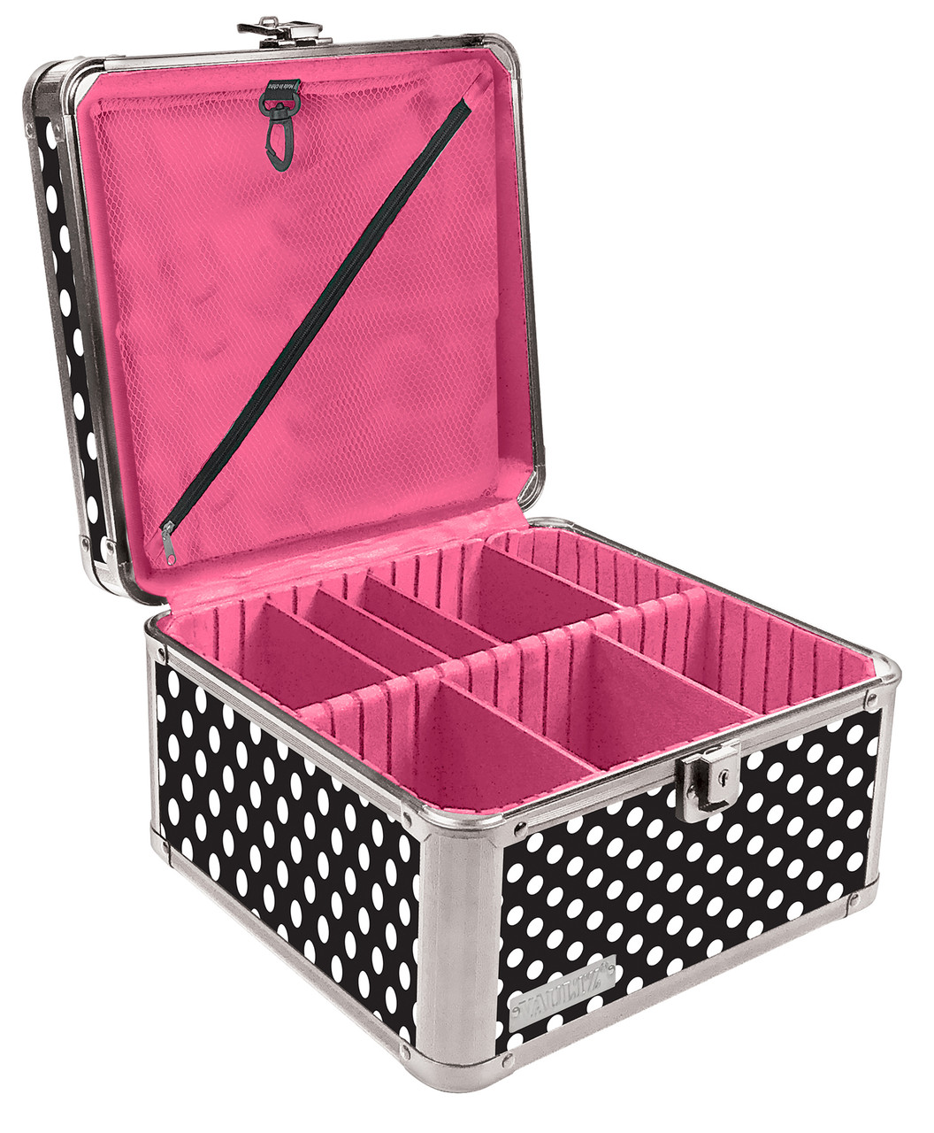 Vaultz Locking Divided Storage Box, Square, Black & White Polka Dot -  VZ03893