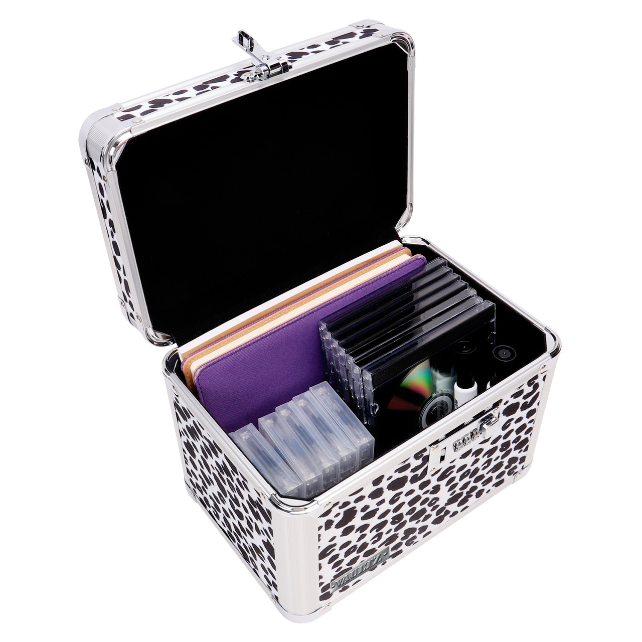 Vaultz Locking 4x6 Index Card File Box, Black & White Leopard