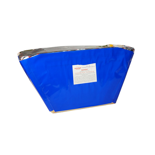 CAKE - 49 SHOT BLUE SMOKE COMET + WHITE STROBE WATERFALL W/ SILVER STROBE MINE (FAN)