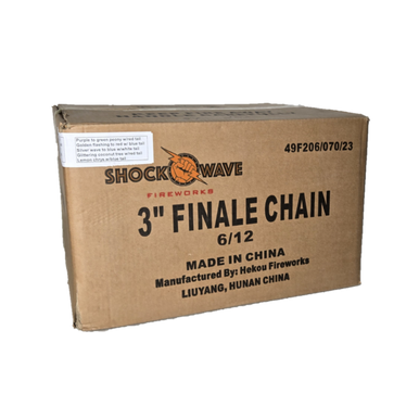 3" FINALE CHAIN - 2 PURPLE TO GREEN PEONY, 2 GOLDEN FLASHING TO RED, 2 SILVER WAVE TO BLUE, 2 GLITTERING COCONUT TREE , 4 SALUTE W/TAILS 6/12