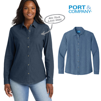 Women's Long Sleeve Value Denim Shirt on model with color options