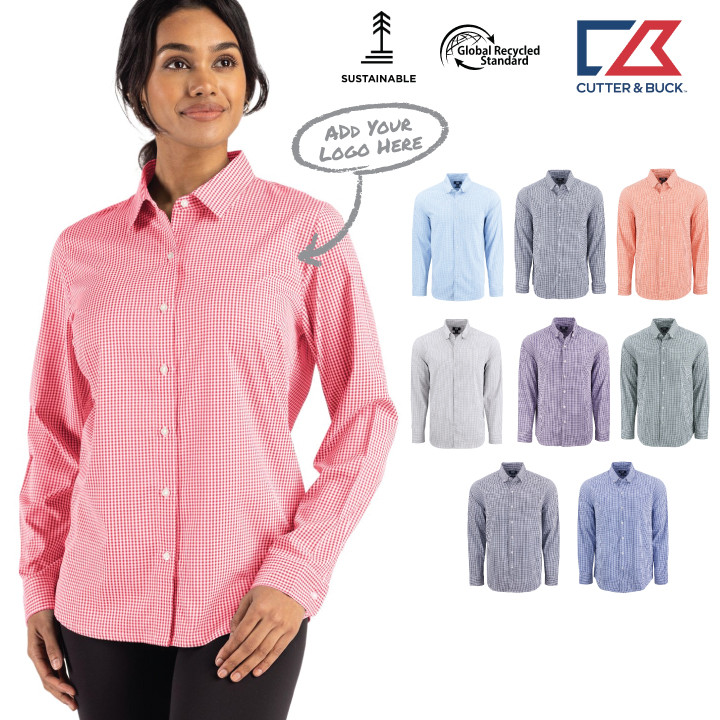 Cutter & Buck Skyline Epic Confidence Recycled Gingham Womens Long Sleeve Dress Shirt