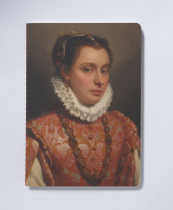 Notebook cover with a painting of a white woman looking out at the viewer and wearing a pink dress brocaded in silver-gilt and silver-wound thread, white ruffled collar, her necklace and earring, and the jewelry ornamenting her hair. Notebook cover with a painting of a white woman looking out at the viewer and wearing a pink dress brocaded in silver-gilt and silver-wound thread, white ruffled collar, her necklace and earring, and the jewelry ornamenting her hair.