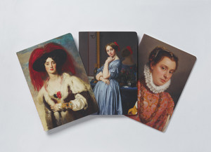 Three notebooks fanned out. Each notebook represents a portrait of a woman from The Frick Collection: Lady Peel, Comtesse d'Haussonville, and Portrait of a Young Woman.