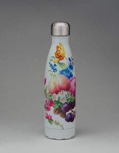 Water bottle in white with flower motifs printed on its surface and silver cap.