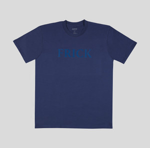 short-sleeved cobalt t-shirt with Frick written across the front