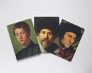 Three notebooks lay flat overlapping each other. Each notebook features a male portrait from The Frick Collection: Lodovico Capponi by Agnolo Bronzino, Sir Thomas More by Hans Holbein, and Nicolaes Ruts by Rembrandt Harmensz. van Rijn.
