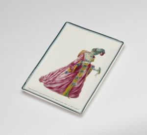 Tray made of new bone china featuring a fashionably dressed figure from an 18th century fashion plate.