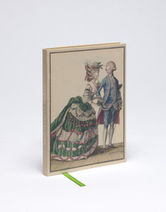 Front cover of notebook featuring a man and woman from an 18th-century fashion plate.