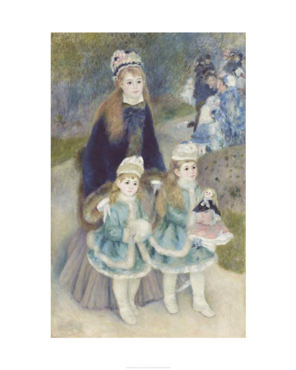 woman dressed in dark blue, walking in park with two small girls dressed in identical light blue fur-trimmed frocks