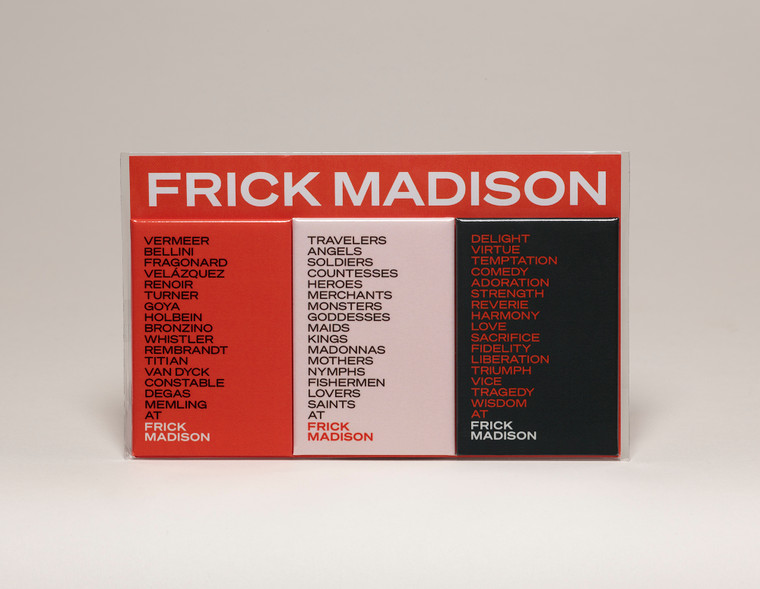 Set of three magnets in orange, gray and black, each with artists or themes related to Frick Madison