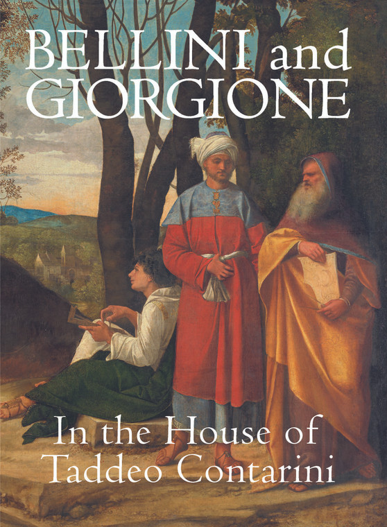 Oil painting by Giorgione of three male philosophers in Renaissance and Arab garbs located in a rural landscape. Superimposed white text says: "Bellini and Giorgione, In the House of Taddeo Contarini."