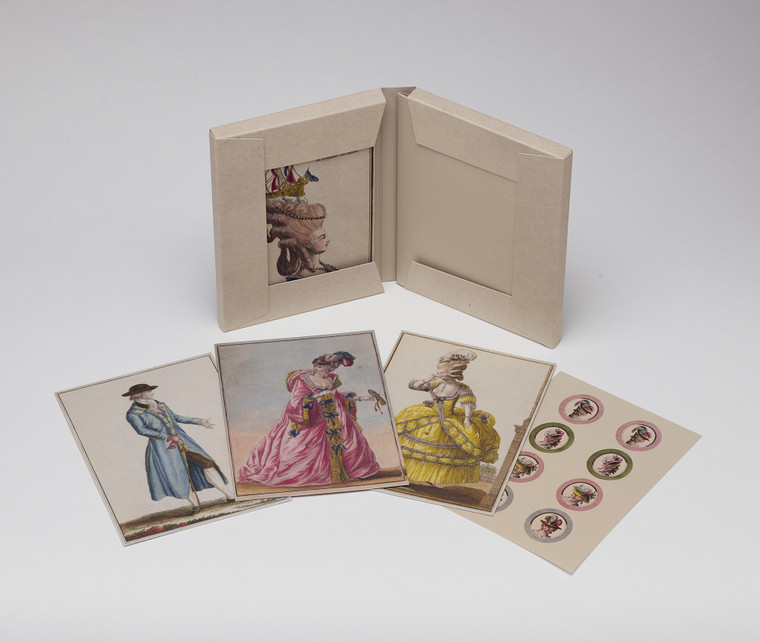 A display of notecards in a set featuring fashionable figures from 18th-century fashion plates.