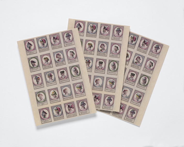 3 sheets of stickers featuring headwear from 18th century fashion plates.