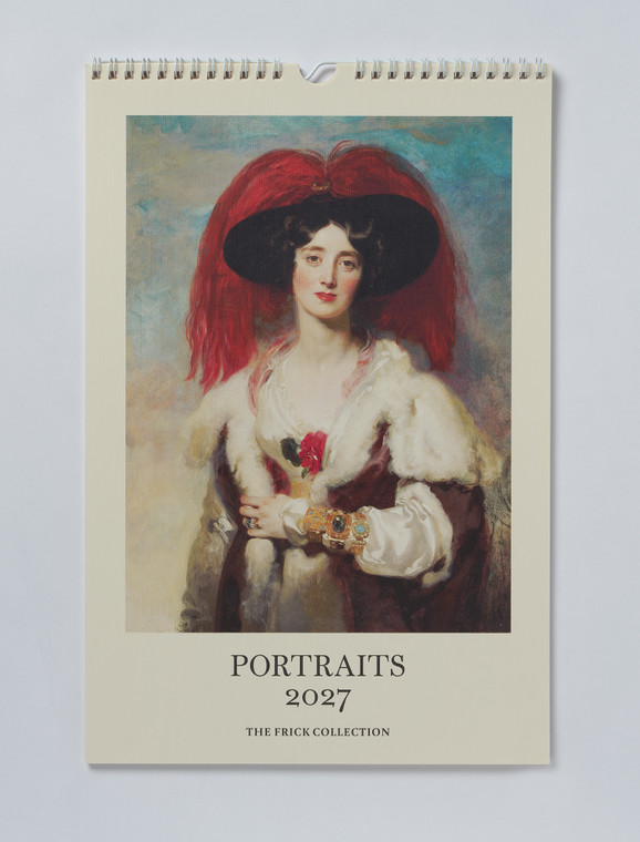 Front cover of wall calendar 2027featuring the portrait of Lady Peel by Thomas Lawrence. She wears a dress with fur trim, gold bracelets, and a black-brimmed hat with a large red plume.