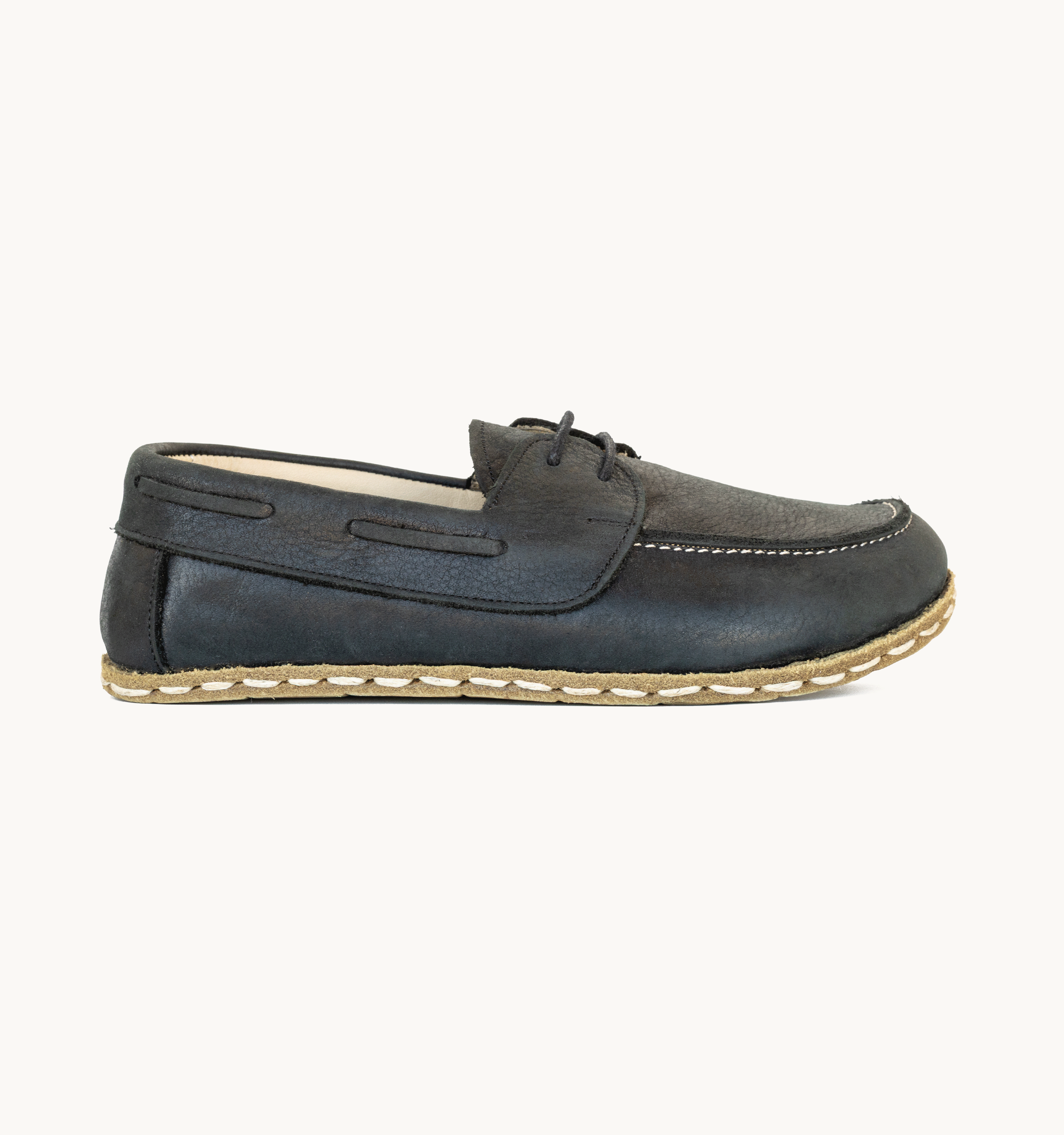 Men's barefoot leather boat shoes in ocean crazy