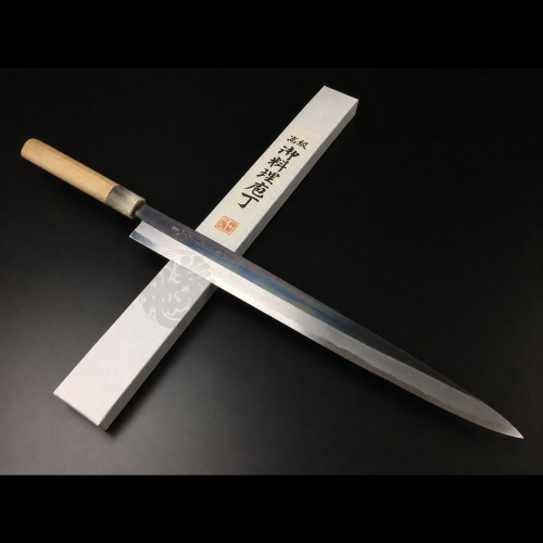 Japanese Chef's Knife ARITSUGU Yanagi Mirror Knife Blue Steel 270 mm (10.62 inch) with Magnolia Handle and Saya Case, handcrafted sushi sashimi kitchen knife made in Japan, personalized name engraving available.