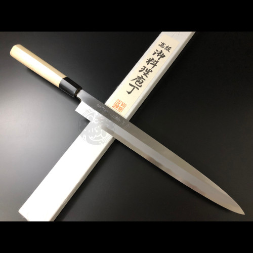 Authentic Tsukiji Aritsugu "Betsuuchi" Blue Steel #2 Yanagiba 300mm (11.8"). A premium professional-grade sashimi slicer for elite sushi chefs, hand-forged using katana techniques.