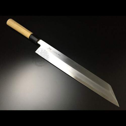 Authentic Tsukiji Aritsugu Sakimaru-style Kiritsuke knife, handcrafted from White Steel #2 with water buffalo horn bolster