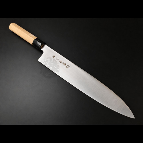 Tsukiji Aritsugu 210mm AUS-10 gyuto Japanese chef knife with magnolia wood handle and black buffalo horn ferrule