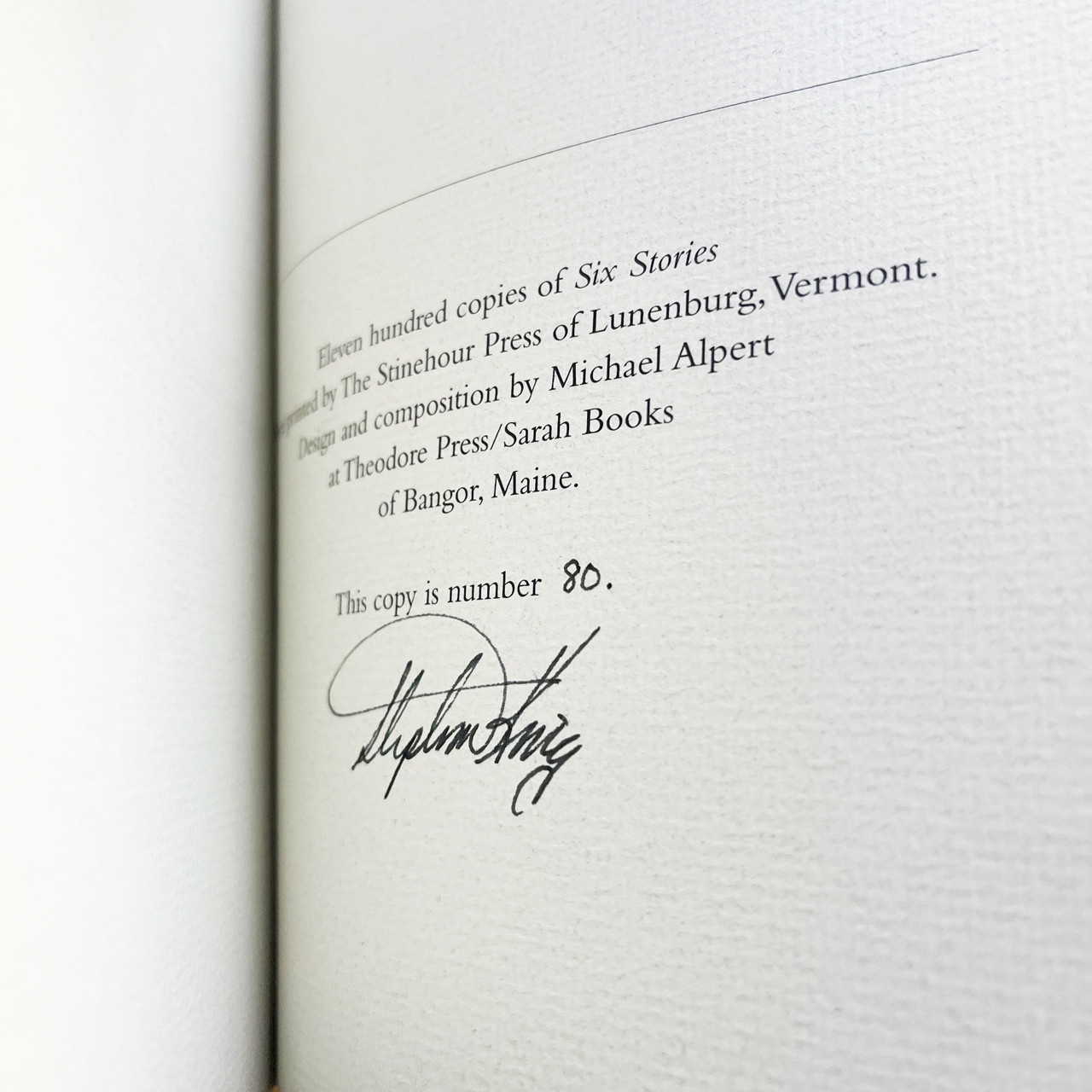 Stephen King "Six Stories" Signed Limited Edition No. 80 of 1,100 w/Custom Tray-case [Fine]