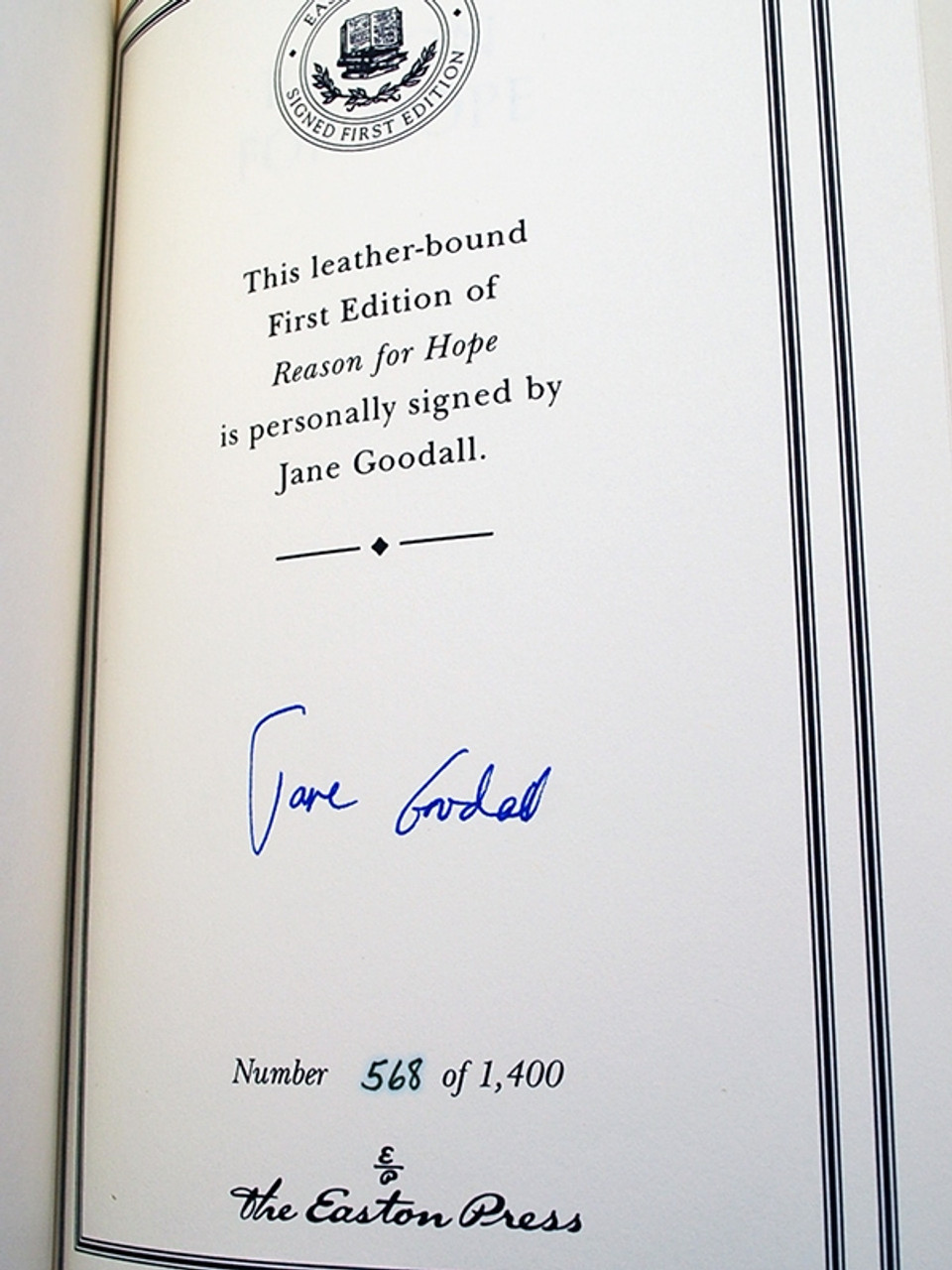 Easton Press, Jane Goodall "Reason For Hope: A Spiritual Journey" Signed First Edition w/COA [Sealed]