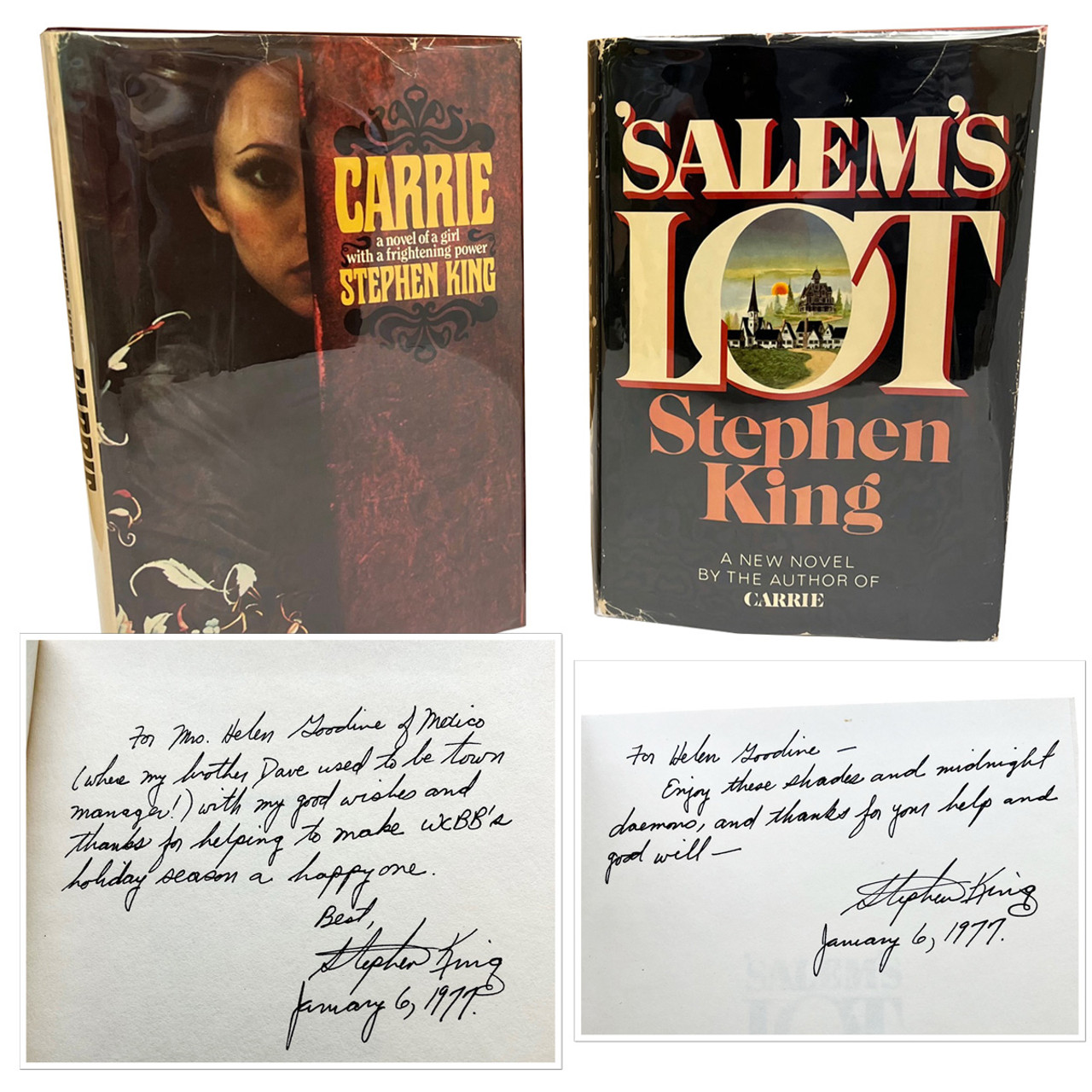 Stephen King "Carrie" (Signed First Edition), "Salem's Lot" (Signed First/Second) Matching Inscribed Association Set w/Provenance [Jan 6, 1977]