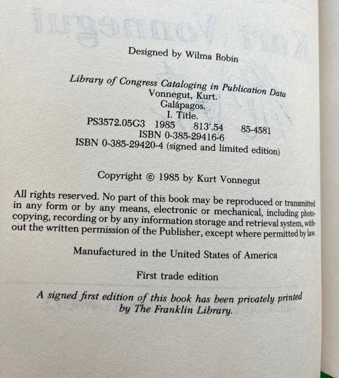 Kurt Vonnegut "Galapagos" Signed First Edition/First Printing w/COA