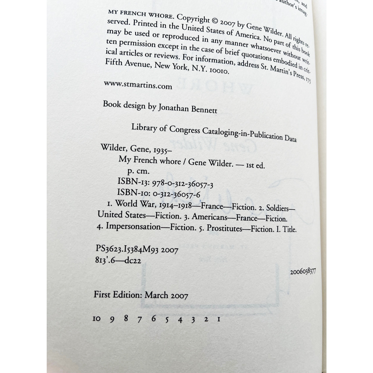 Gene Wilder "My French Whore" Signed First Edition, First Printing w/COA