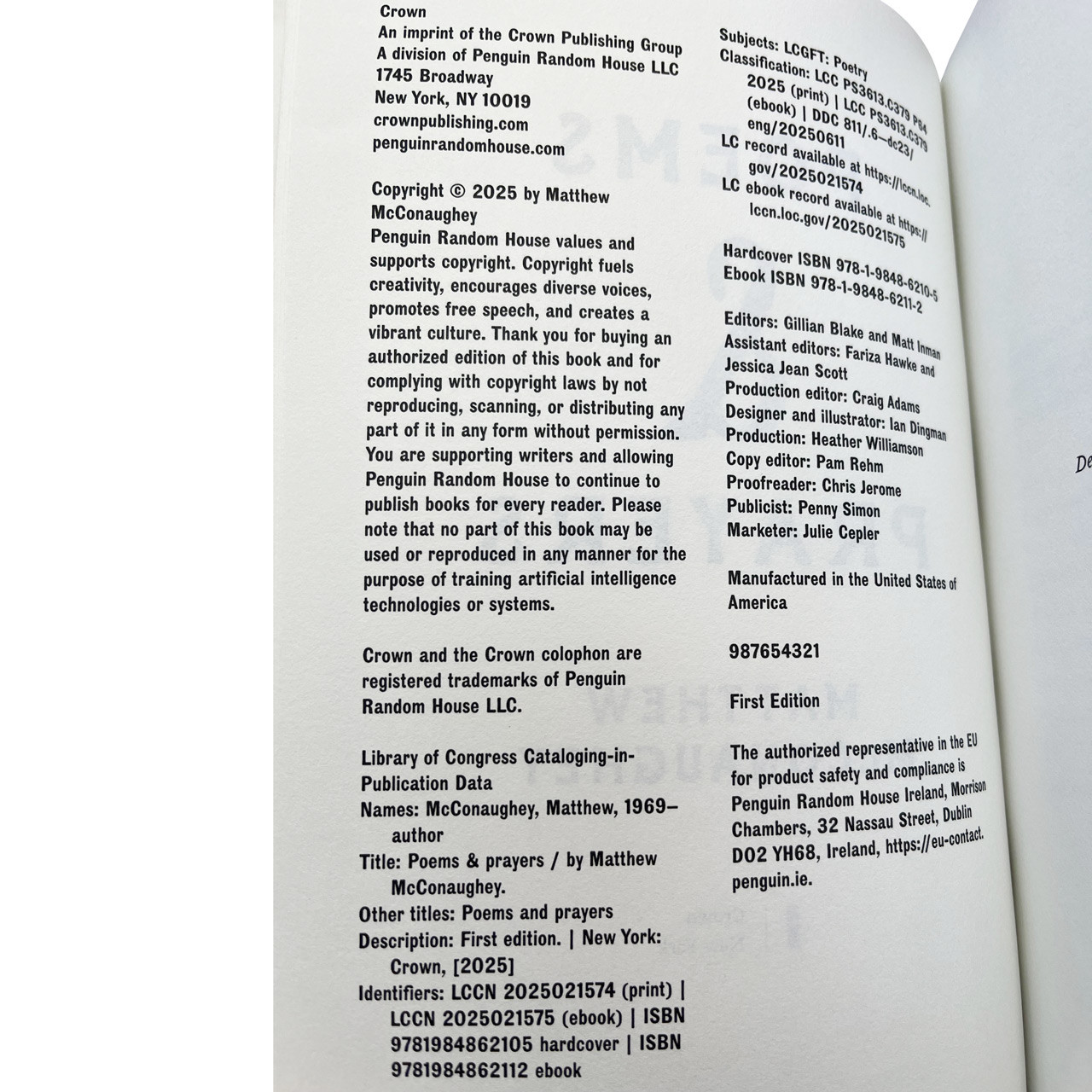 Matthew McConaughey "Poems & Prayers" Signed First Edition, First Printing w/COA [Fine/Fine]