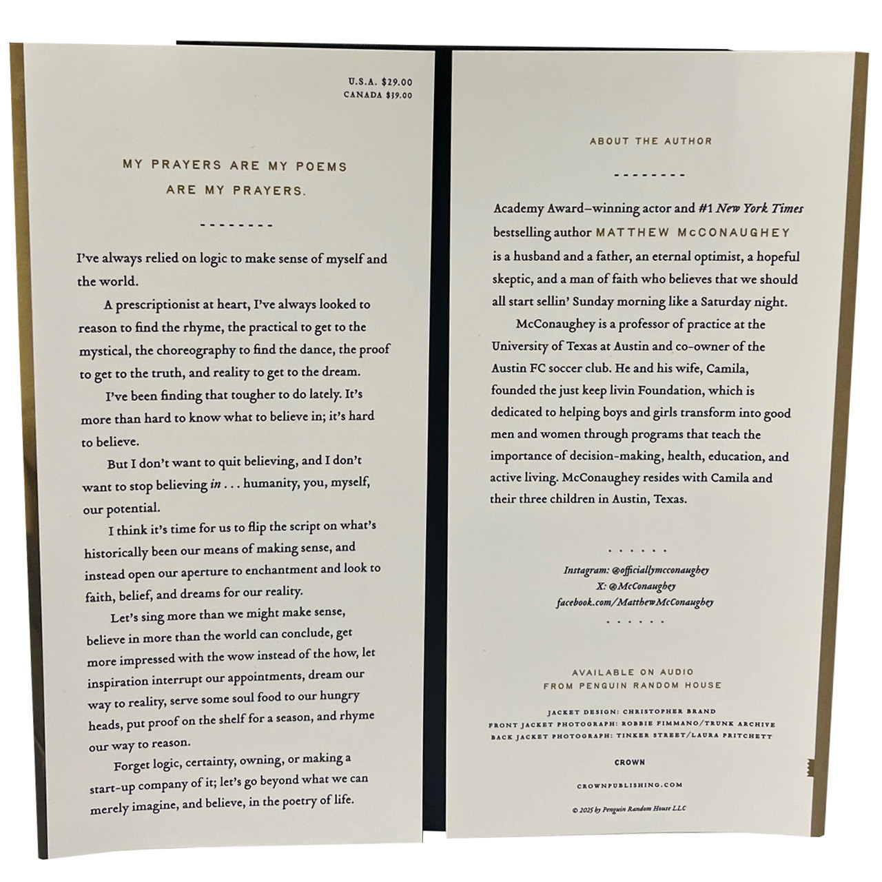 Matthew McConaughey "Poems & Prayers" Signed First Edition, First Printing w/COA [Fine/Fine]