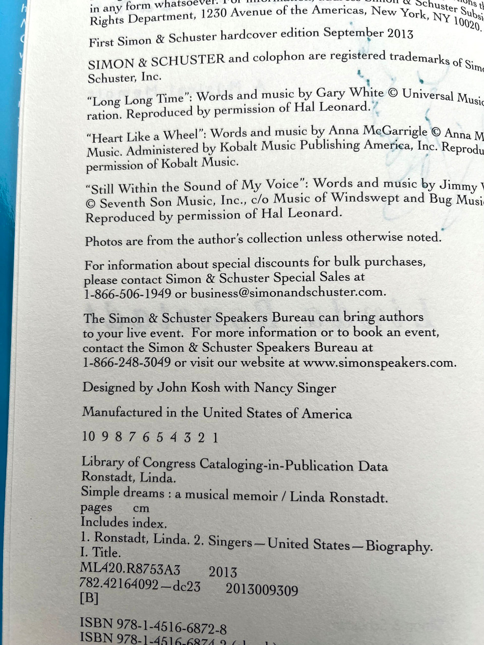 Linda Ronstadt "Simple Dreams: A Musical Memoir" Signed First Edition, First Printing [NF/NF]