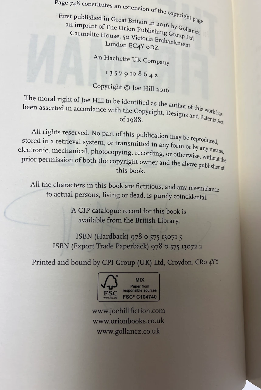 Joe Hill "The Fireman" Slipcased UK Signed First Edition, First Printing [Very Fine]