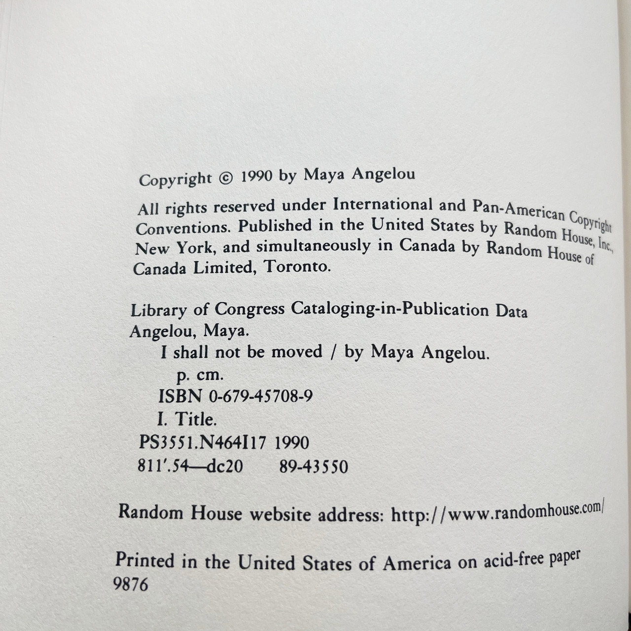 Maya Angelou "I Shall Not Be Moved" Signed First Edition, Later Printing  w/COA [Fine/Fine]