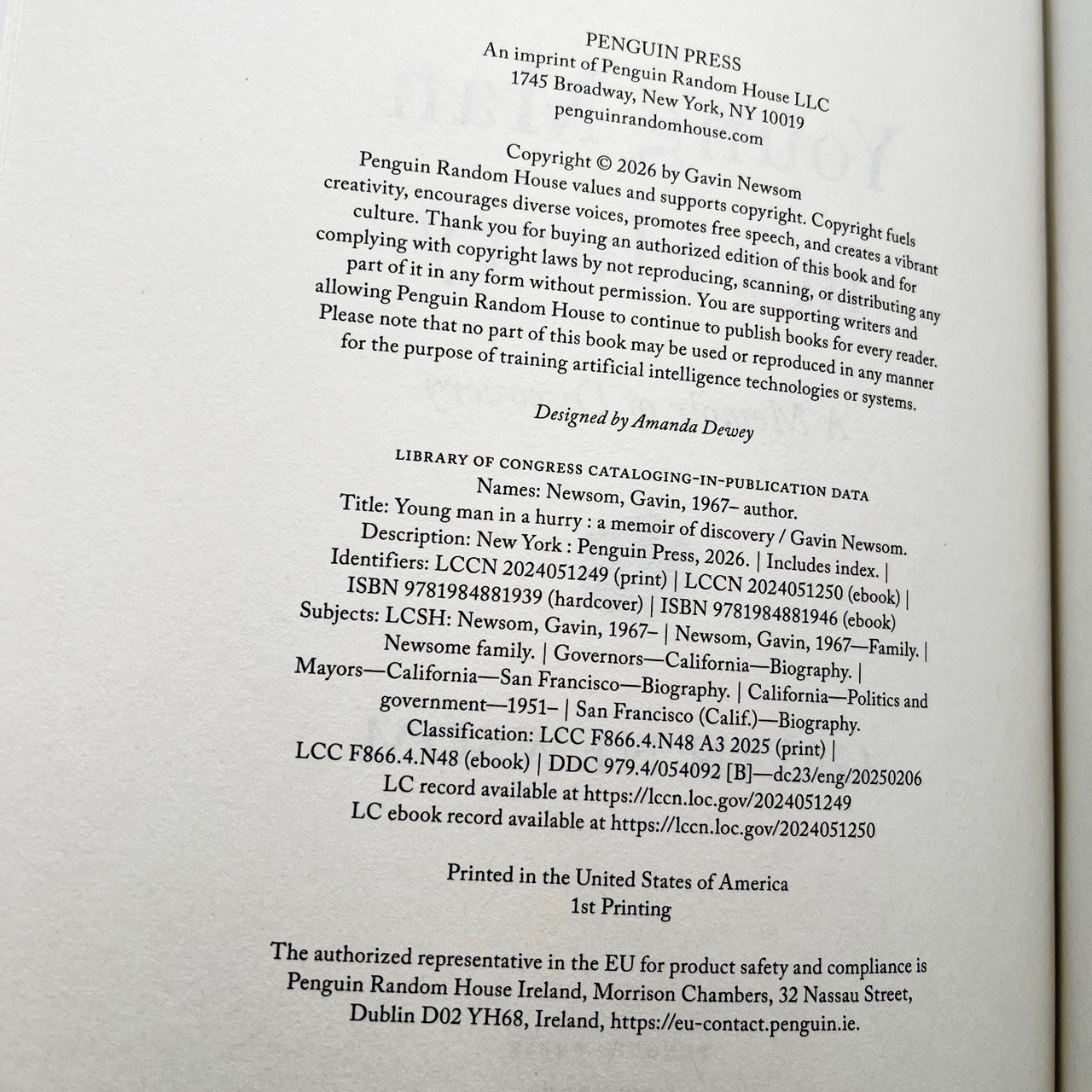 Gavin Newsom "Young Man in a Hurry: A Memoir of Discovery" Signed First Edition / First Printing w/COA [Fine/Fine]