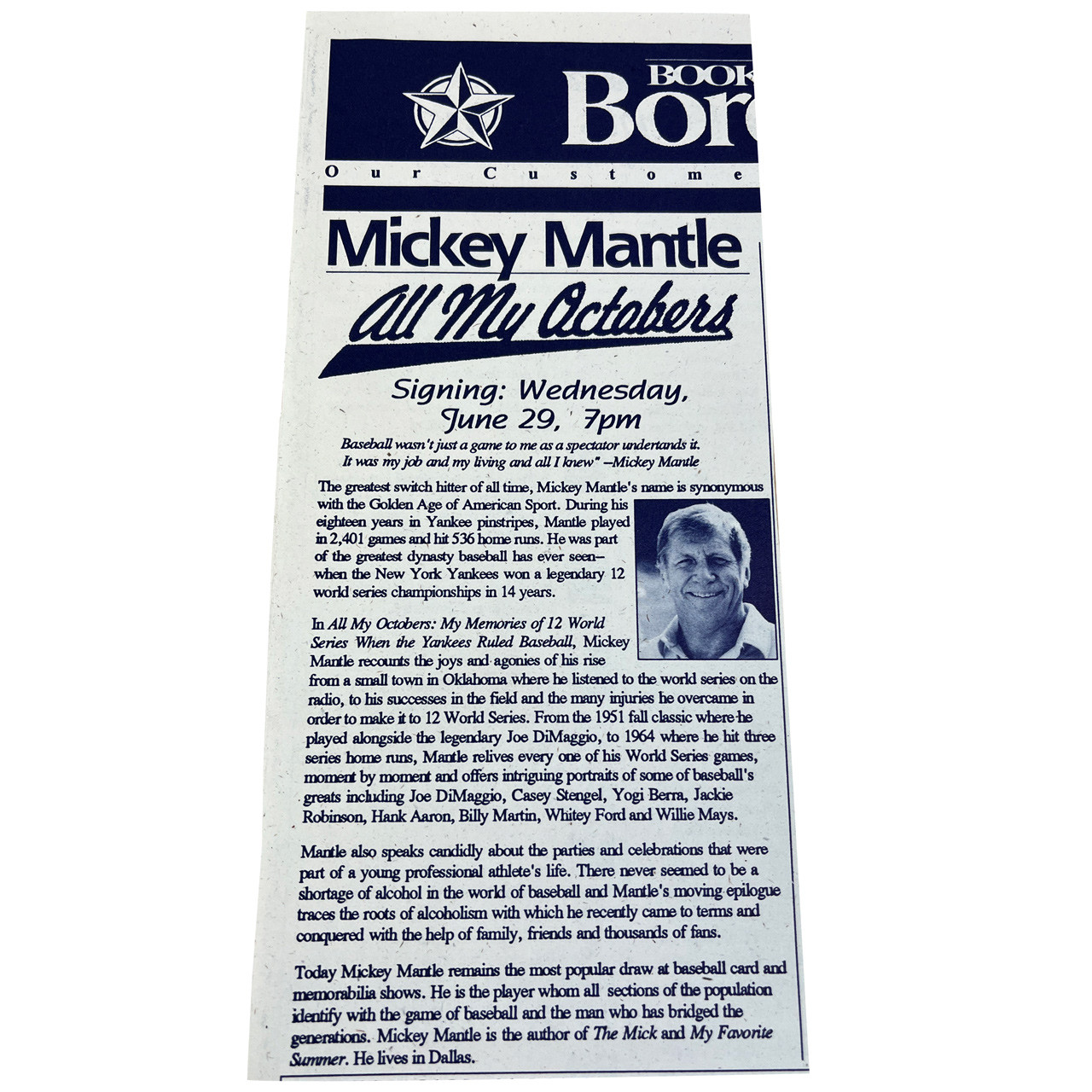 Mickey Mantle "All My Octobers" Signed First Edition, First Printing w/COA, Book Signing Event Flyer