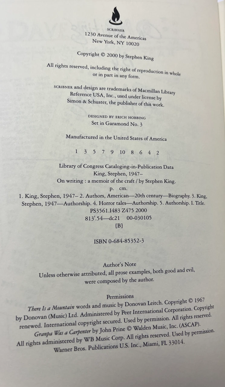 Stephen King "On Writing: A Memoir Of The Craft" First Edition, First Printing