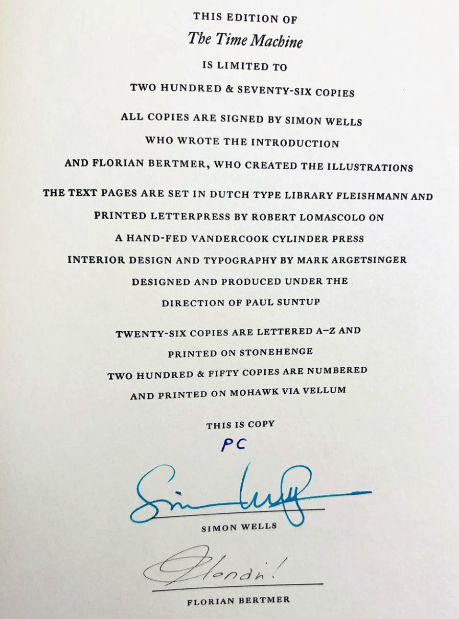 H.G. Wells "The Time Machine"  Slipcased Signed Limited Edition of 250, "PC" Edition [Very Fine]