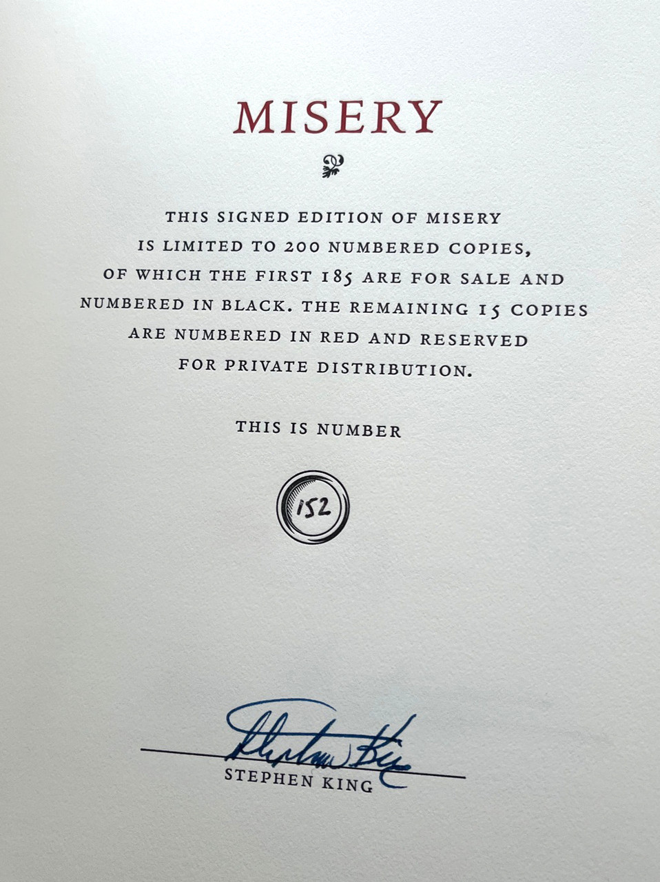 Stephen King "Misery" Signed Limited Edition No. 152 of 200 w/Publisher Bonus Items [Very Fine]