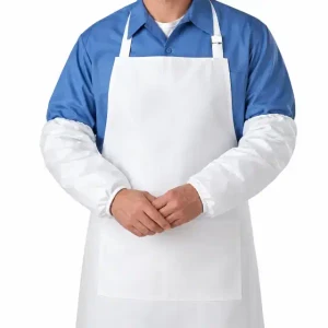 White disposable sleeve covers worn with an apron for arm protection