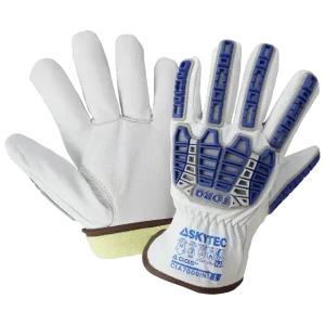 Insulated goatskin driver gloves with Aralene liner, ANSI A6 cut resistance, 3M Thinsulate insulation, TPR impact protection, and open cuff.