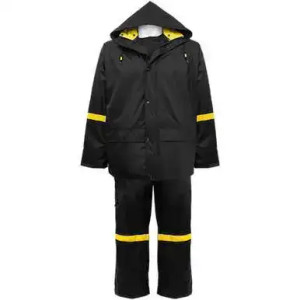 Men’s heavy-duty waterproof rain jacket and pants with hi-vis yellow safety stripe – industrial workwear rain suit