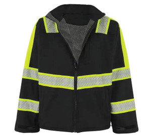 Black sherpa-lined softshell work jacket with reflective trim