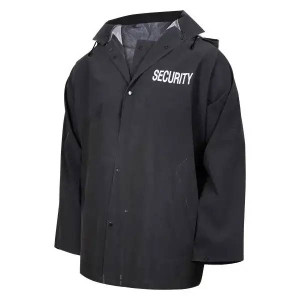 Front view of black security rain jacket with waterproof fabric and high-visibility white security lettering on chest