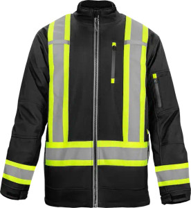 Black -60 degree freezer jacket with high-vis reflective tape and dual radio clips for industrial cold storage work