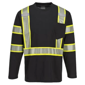 Black long sleeve construction shirt with reflective silver tape