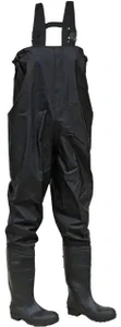 Black steel toe chest waders with ASTM certification and treaded slip-resistant soles for industrial work